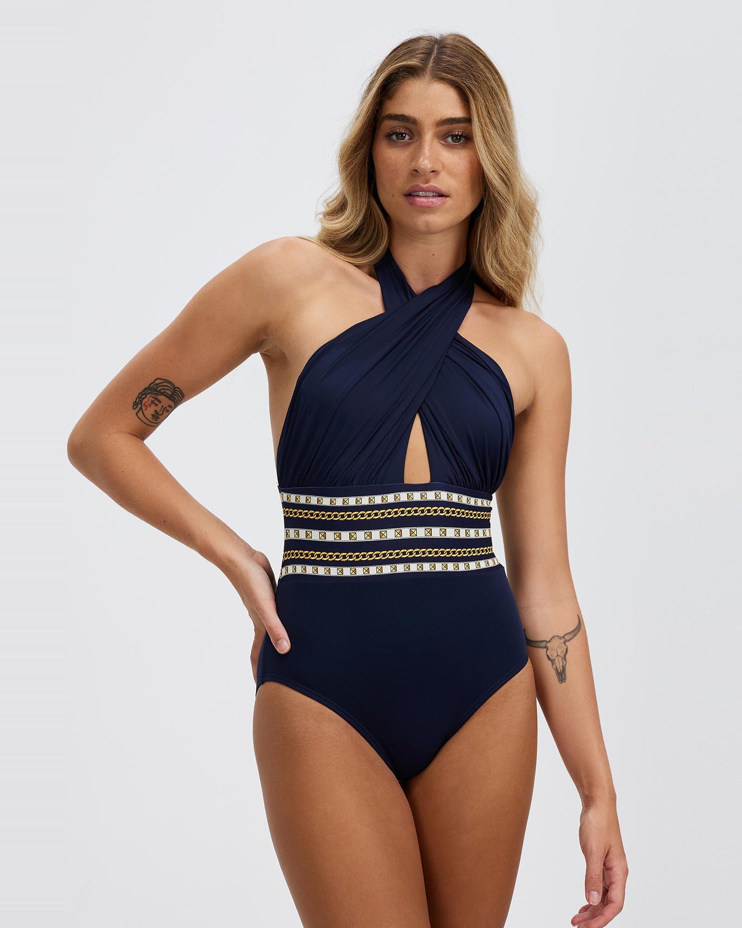 Michael Kors Chain Border Cross Front Halter New Navy One Piece