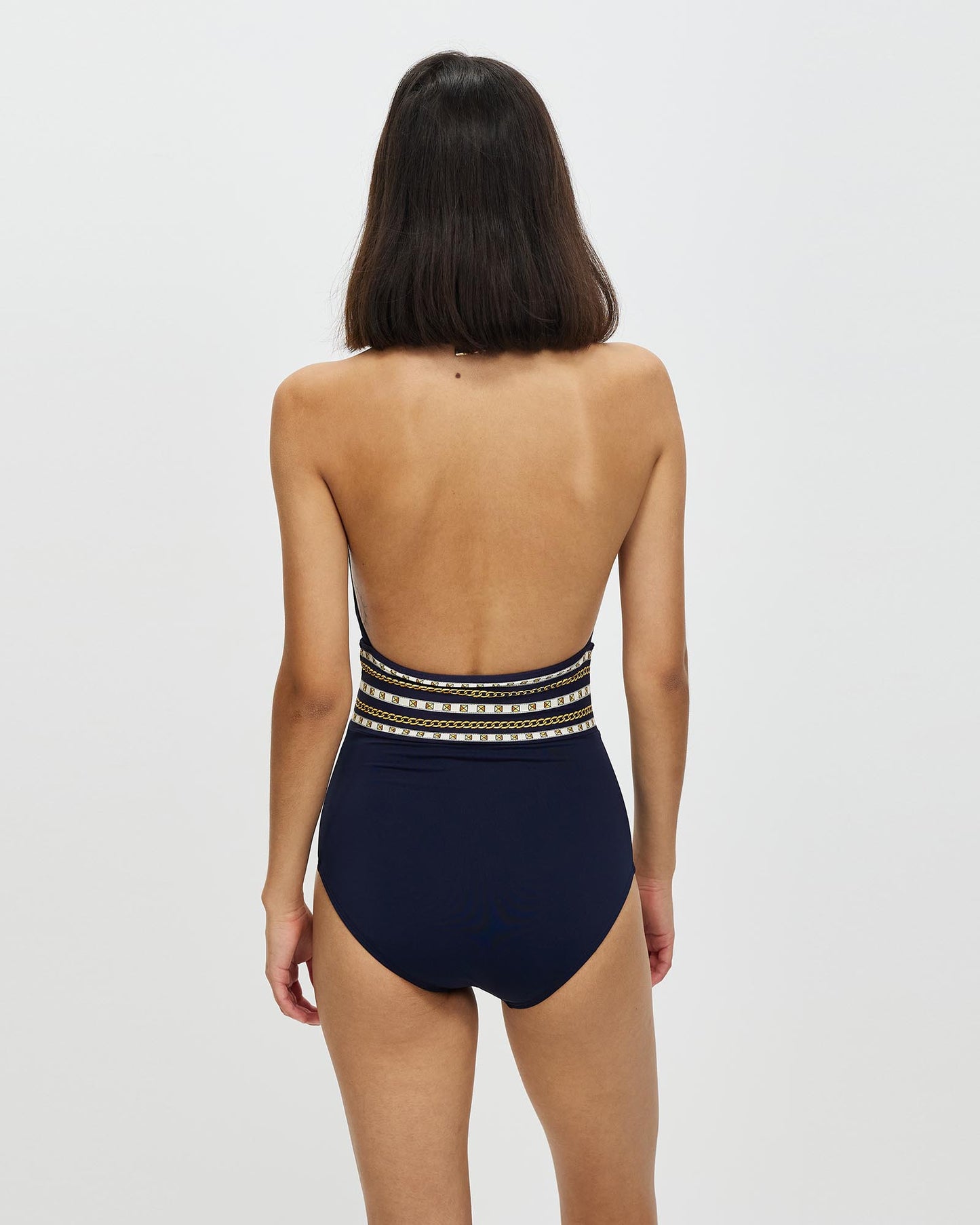 Michael Kors Chain Border Halter Smooth Shaper New Navy One-Piece