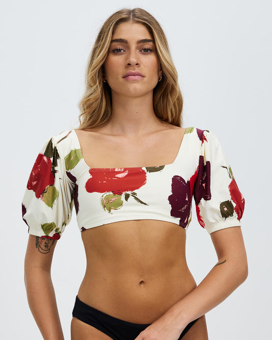 Kate Spade Rosy Seas Puff Sleeve Ivory Bikini Top