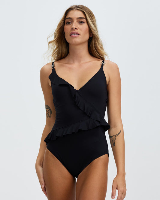 Michael Kors Solids Ruffle Black One Piece